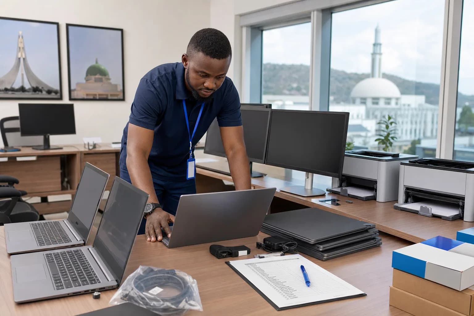Technician preparing business devices for deployment