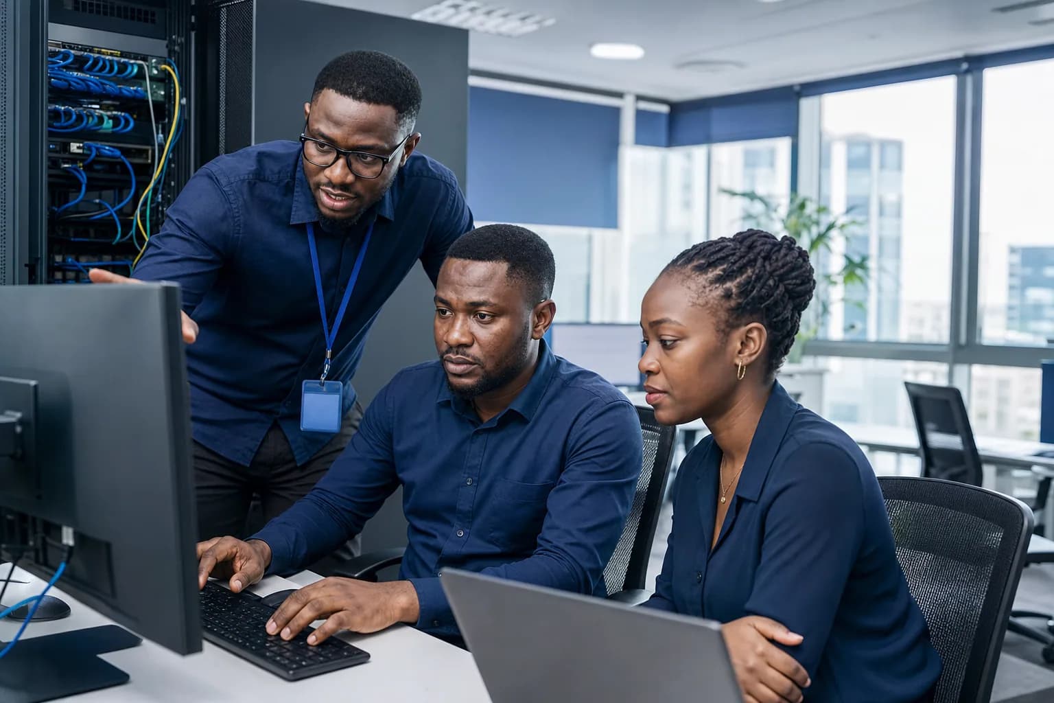 IT specialists reviewing device and network operations